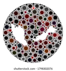 Vector Malaysia map collage of SARS virus. Infection attacks the quarantine territory from out space. Hole circle Malaysia map collage composed with pathogen elements.