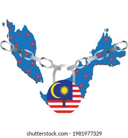 A Vector Of Malaysia Map With Covid-19 Virus. Malaysia Flag In Pad Lock Shape With Chain. Malaysia Having New Movement Control Order Or Lockdown Caused By High Number Of Covid-19.