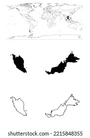 Mapa de Malasia vectorial, mapa de Malasia que muestra la ubicación del país en el mundo con mapas sólidos y esquemáticos de Malasia sobre fondo blanco. El archivo es adecuado para la edición digital y las impresiones de todos los tamaños.