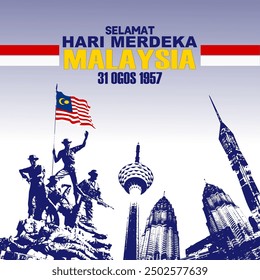 Monumento nacional del Vector de Malasia, torre de Kuala Lumpur, torre 118 y torres gemelas KLCC. Afiche del día de la independencia de Malasia.