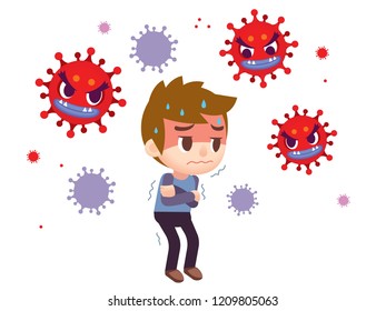Vector male character around with germ, virus, bacteria isolated on white background