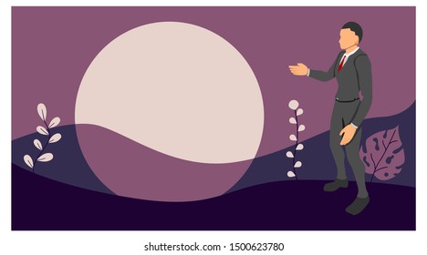 Vector male character displays empty templates. provision of empty presentations. eps10 file