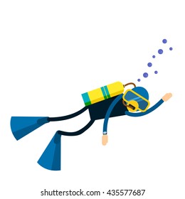 Vector male character - diver with a scuba diving suit and flippers - swimming under water. Underwater people diver isolated - extreme diving sport. Cartoon diver isolated