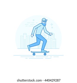 Vector male character in flat linear style - man riding skateboard - illustration in simple trendy style
