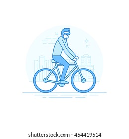 Vector male character in flat linear style - man riding bicycle- illustration in simple trendy style