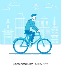 Vector male character in flat linear style - man riding bicycle and city landscape