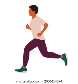 Vector male character in flat style. Fast running man illustration in simple trendy style. Workout fitness. Isolated on white background