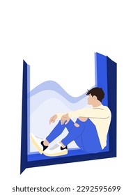 Carácter masculino vectorial de estilo plano, ilustración de un hombre sentado en la ventana y mirando por ella.
