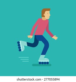 Vector male character in flat style - man roller skating - illustration in simple trendy style