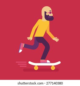 Vector male character in flat style - man riding skateboard - illustration in simple trendy style