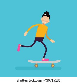 Vector male character in flat style - boy riding skateboard - illustration in simple trendy style