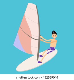 vector male character in flat style - boy windsurf