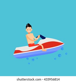 Vector male character in flat style - young man on a water bike 