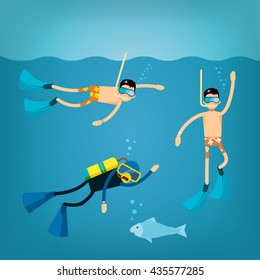 Vector male character in flat style - set of vector characters floating in the water with mask and flippers, with scuba diving - illustration in simple trendy style