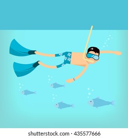 Vector male character in flat style - boy swimming in the sea with mask and flippers - illustration in simple trendy style