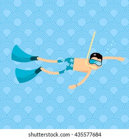 Vector male character in flat style - boy swimming in the sea with mask and flippers - illustration in simple trendy style