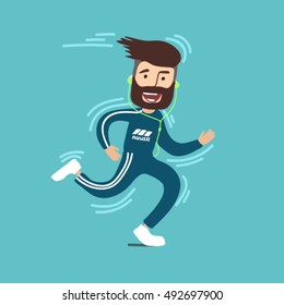 Vector male character in flat style - fast running bearded man illustration in simple trendy style. Running sportsman in a tracksuit with headphones. Running hipster. 