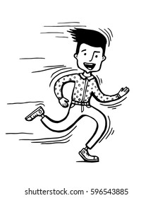 Vector male character in flat style - fast running man illustration in simple trendy style. Running guy in trainers on blue background. Hand drown.