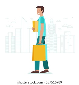 Vector male character illustration in flat style - man holding shopping bags - sale concept