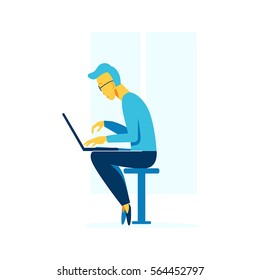 Ilustración de personaje masculino vectorial en estilo plano - hombre trabajando en su computadora - concepto de adicción al trabajo y a internet