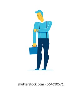 Vector male character illustration in flat style - man looking at his watches - time and business management concept
