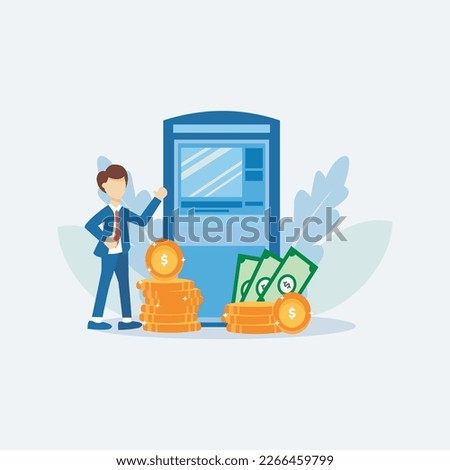 Vector of male character making cash  money withdrawal at ATMs. Withdrawing cash from ATM machine. Modern finance concept icon designed in flat style. Can be used for landing page, social media post