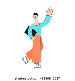 Vector male character with notebook waving hands to colleagues greeting after successful development meeting, collaboration. Male office worker, business man, and cooperation and teambuilding.
