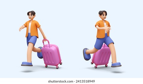 Vector male character running and holding suitcase by handle. 3D illustration in cartoon style. Traveler is late. Concept of hot tours. Taxi service advertising