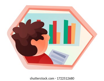 Vektor männliche Charakterstudien Fortschritte Unternehmensdiagramm, Unternehmen, Geschäftsmann analysiert Gewinn, Daten Finanzanalyse, Unternehmenswachstum, Geschäftsentwicklung. Investment-Balkendiagramm, Hexagon-Konzept.