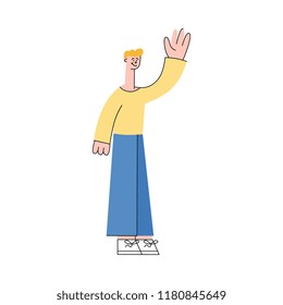 Vector male character waving hands to colleagues greeting after successful development meeting, collaboration. Male office worker, business man, and cooperation and teambuilding.