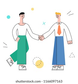 Vector male characters manager shaking hands after successful development meeting, collaboration. Male office worker, business man, and cooperation and teambuilding.
