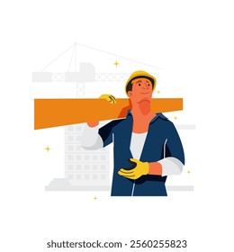 Vector of male construction worker carrying wooden plank