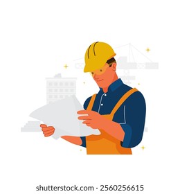 Vector of male construction worker see blueprint of building