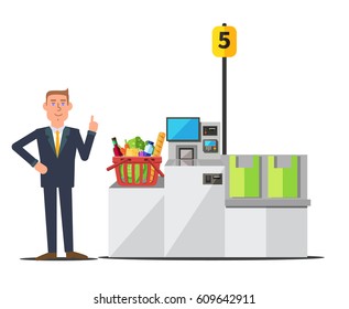 Vector male customer in a business suit using self checkout register. Red shopping basket full of grocery. Grey metal self service machine with cash and card payment, and bagging area