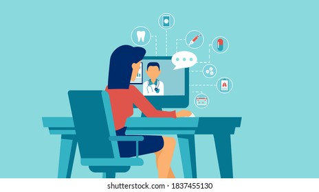 Vector of a male doctor consulting online via computer female patient. Tele medicine concept