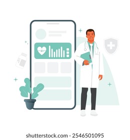 Vektor des männlichen Arztes, der neben der mobilen Gesundheitsanwendung steht