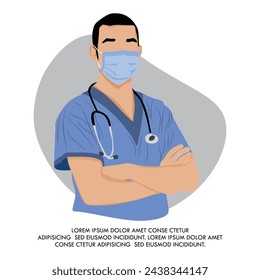 vector male doctor with a stethoscope, or blue background. A doctor in a medical uniform. Family doctor. Medical worker, paramedic. and banner of National Doctors Day.