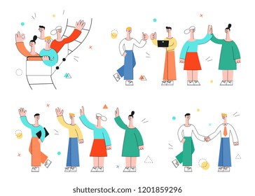 Vector Male, Female Characters Waving Hands To Colleagues, Riding At Roller Coaster, Shaking Hands, Giving High Five. Office Workers, Business Men, Women And Cooperation And Teambuilding.