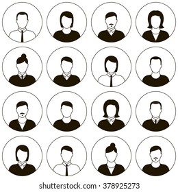 Vector male and female faces avatars. Vector icons set.