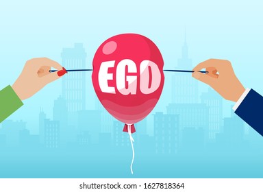 Vector Of Male And Female Hands With Needles To Burst A Balloon With Word Ego. 