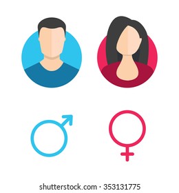 Vector male and female icon set. Gentleman and lady toilet sign. Man and woman user avatar. Flat design style