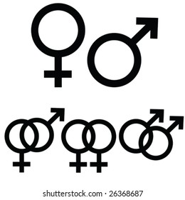 Vector male and female icon signs presented separately, as well as together to symbolize  different types of relationship