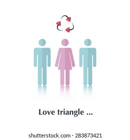 Vector male and female people icon,pictogram.Concept of relationship,people triangle,blue,pink,red,couple,arrows,heart,over white and text Love Triangle, in flat style