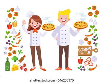 Chef vectorial masculino y femenino de pizza. Conjunto de iconos de ingredientes de pizza. Vector plano, estilo de dibujo animado.Los personajes son buenos para la animación.