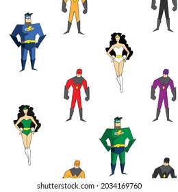 Vector of male and female superheroes in colourful costumes on white background. graphic decor print or textile design, superhero and comic book concept digitally generated image.