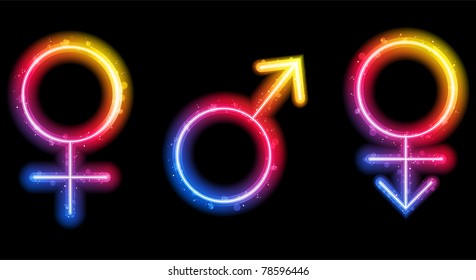 Vector - Male, Female and Transgender Gender Symbols Laser Neon