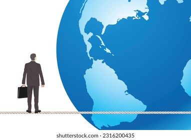 A vector of male figure standing on a rope near world map