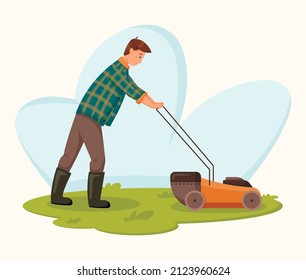 Vector male gardener worker with electric lawn mower.