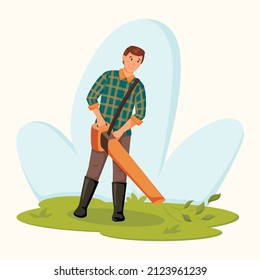 Trabajador vectorial masculino de jardinería con soplador eléctrico.