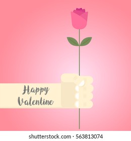 Vector of male hand and arm with Happy Valentine tattoo giving nice pink rose to someone.